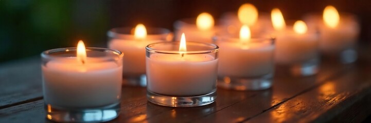 Close-up of several burning votive candles in glass holders, casting a warm, soft glow Perfect for relaxation, spa, or meditation themes Ideal for websites, blogs, and social media , home decor, cozy