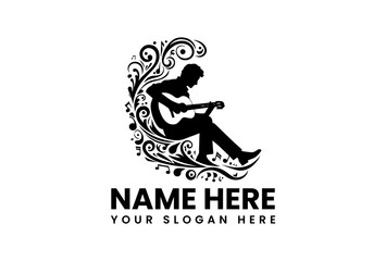 Detailed vector logo of passionate male musician playing acoustic guitar with dynamic focus  