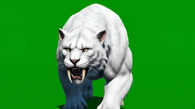 Angry white saber-toothed cat on a green screen background
