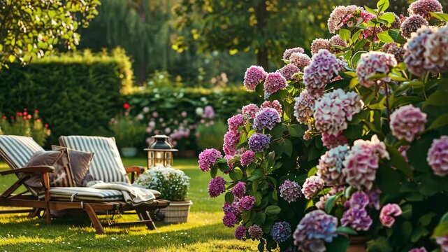 Enjoy a peaceful afternoon surrounded by colorful hydrangeas and inviting seating in a lush garden oasis on a sunny day