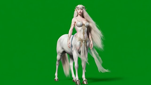 Digital rendering of a female centaur, ethereal beauty, fantasy creature, green screen background, 3D model