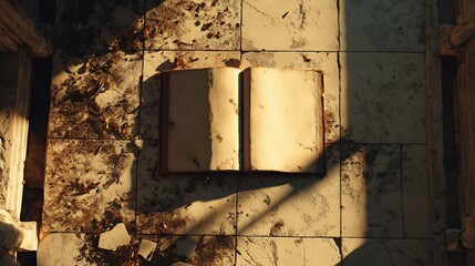 An antique book, open and placed on uneven stone within old ruins, gently kissed by radiant sunlight.