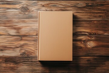 Closed beige hardcover book on natural rustic wooden background, flat lay