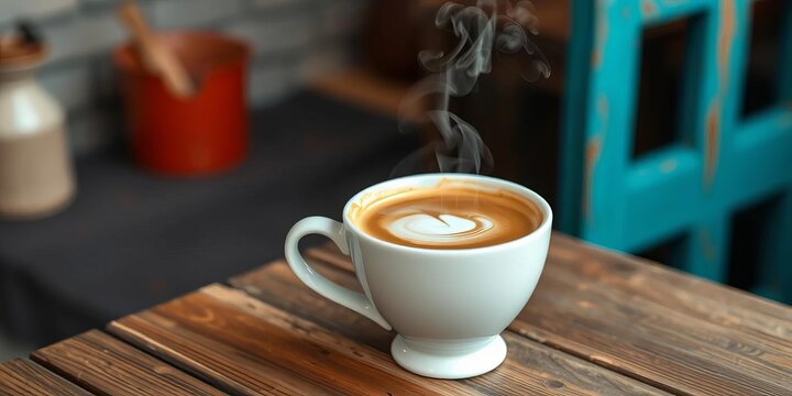 Steaming cappuccino in a ceramic cup sits on a rustic wooden table, texture, drink - Powered by Adobe