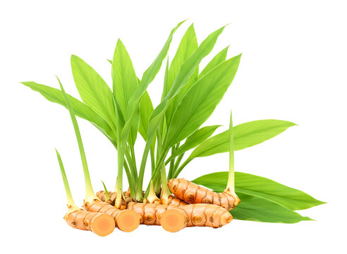 Fresh turmeric plant with roots isolated on transparent background