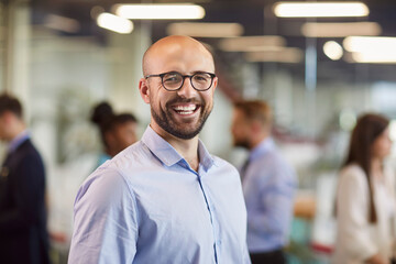 Fototapeta premium Portrait of a happy and smiling businessman wearing eyeglasses at the office. He is working and exudes positivity, embodying the role of a business leader and chief with a positive attitude.