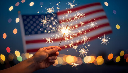Abstract image conveying freedom, blurred lights, reflection of a national flag, hand holding a flare or fireworks (close-up), American lifestyle image.