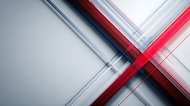 Fine red and blue geometric lines intersecting in the lower right corner on a white minimalist background, abstract math and tech style with clean space on top and left for text or interface design. - Powered by Adobe
