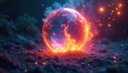 Fototapeta premium Ethereal flames dance within a mystical orb, radiating an otherworldly glow The vibrant, magical fire seems to defy gravity, burning with an impossible luminescence , holy, sphere, ignition
