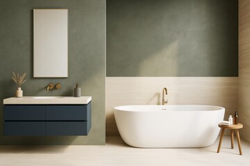 Modern minimalist bathroom interior with freestanding bathtub, floating vanity, and elegant decor in soft natural lighting and neutral tones.