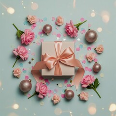 Birthday & Celebration Gift Box Backgrounds Gift Box Flat Lay with Flowers & Decorations on Various Backgrounds