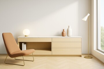 Minimalist contemporary room interior with wooden cabinet, modern accent chair, and soft lighting in a bright neutral setting.