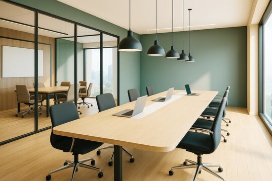 Modern minimalist office meeting room with large table, black chairs, hanging lights, wood floor, and glass-walled space in bright natural light.