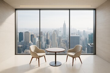 Modern high-rise interior with two chairs and a round table in front of large windows overlooking a city skyline in daylight. Ai generative.