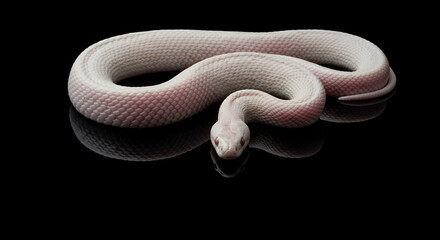 Fototapeta premium Albino Corn Snake Reptile Pet Snake Exotic Animal Wildlife Herpetology Amphibian Photography Studio Shot Black Background Isolated Closeup