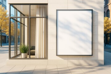 Blank vertical billboard on modern building wall with glass corner window, curtain, and plant in bright urban setting in daylight. Ai generative.
