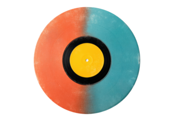 Vintage vinyl record with dual-tone orange and teal design, cut out