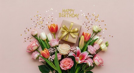 Birthday & Celebration Gift Box Backgrounds Gift Box Flat Lay with Flowers & Decorations on Various Backgrounds