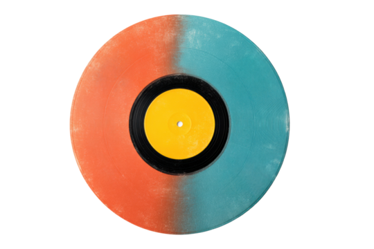 Vintage vinyl record with dual-tone orange and teal design, cut out