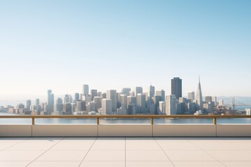 Obraz premium Modern rooftop terrace with clean tiled floor overlooking abstract city skyline with clear blue sky background, ideal for branding mockup concept.