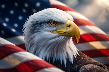 Bald Eagle Close-Up with American Flag