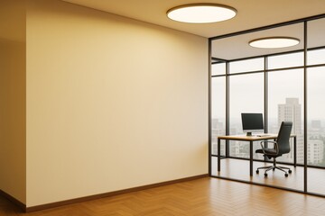 Modern empty office interior with blank wall and glass partition showing workspace with computer and city view in soft lighting atmosphere.