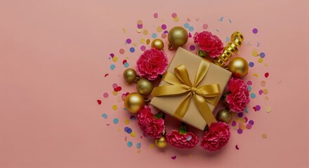Birthday & Celebration Gift Box Backgrounds Gift Box Flat Lay with Flowers & Decorations on Various Backgrounds