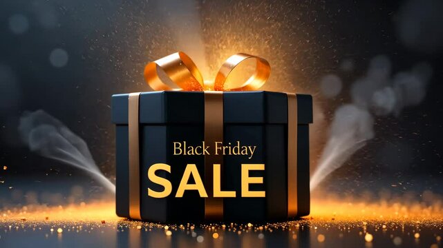 Black friday sale gift box with golden ribbon glowing on soft background light. Concept for promotional advertisement