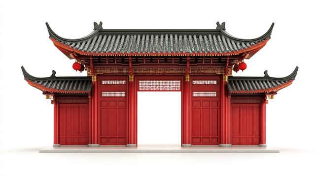 A digitally rendered image of a traditional Chinese gatehouse, featuring a vibrant red color scheme, curved eaves, and intricate detailing, set against a 