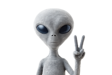 Grey alien making peace gesture with fingers, expressionless, cut out