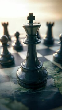 A single chess pawn in the center of a chessboard with other pieces scattered around, suggesting strategic thinking and game planning.