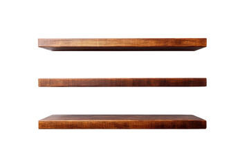 Three wooden floating shelves on black background, cut out