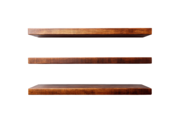 Three wooden floating shelves on black background, cut out