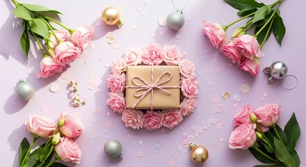 Birthday & Celebration Gift Box Backgrounds Gift Box Flat Lay with Flowers & Decorations on Various Backgrounds