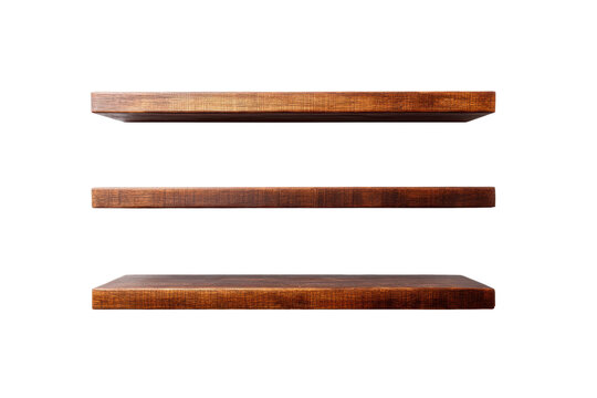 Three wooden floating shelves on black background, cut out