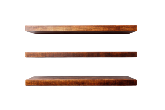 Three wooden floating shelves on black background, cut out