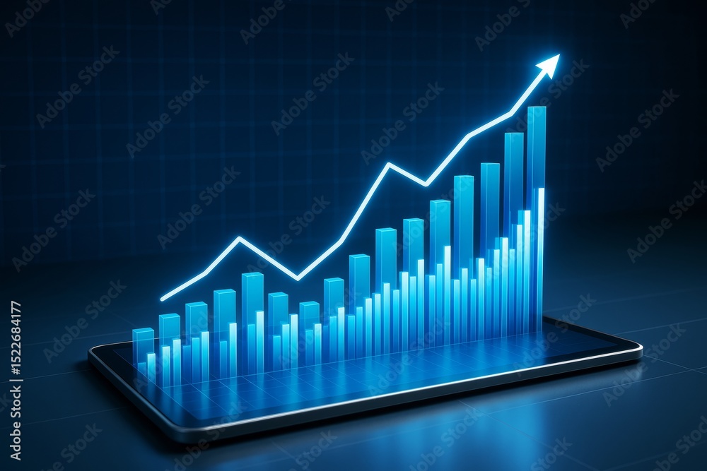 Aufkleber Glowing bar chart with upward arrow emerging from tablet on dark background representing business growth and financial success. Ai generative.