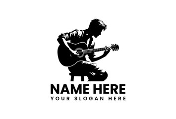 Fototapeta premium Powerful silhouette guitar player vector logo showing detailed acoustic performance with intensity 