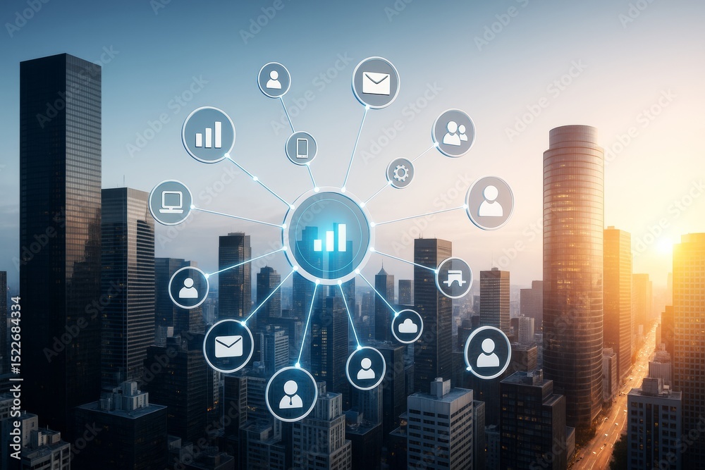 Poster business analytics network interface over city skyline at sunrise illustrating digital data manageme
