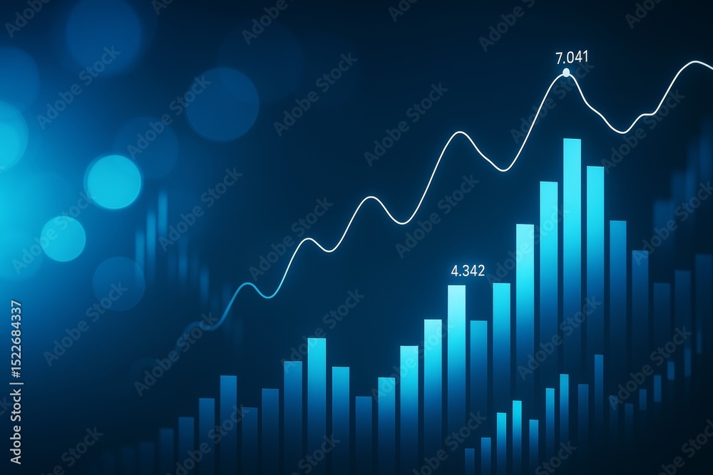 Aufkleber Abstract business background with glowing blue bar and line chart showing data growth and performance metrics on dark backdrop with bokeh light effect.