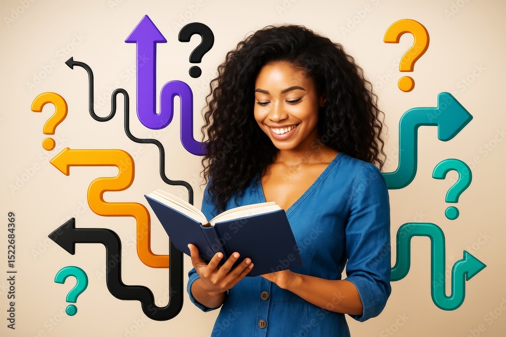 Poster Woman reading book with colorful arrows and question marks around her on light background, symbolizing decision making and learning concept.