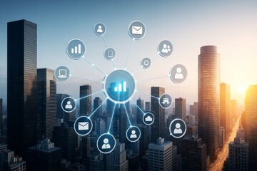 Business analytics network interface over city skyline at sunrise illustrating digital data management concept on light background.