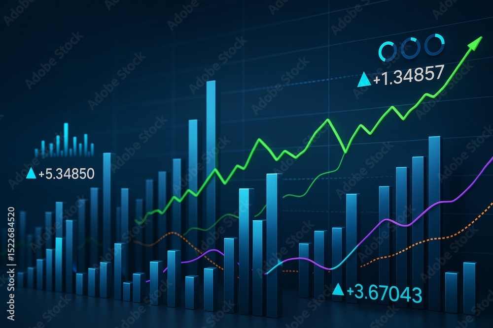 Aufkleber Futuristic financial growth chart with rising bar and line graphs on dark background showing business analytics and data trend concept.