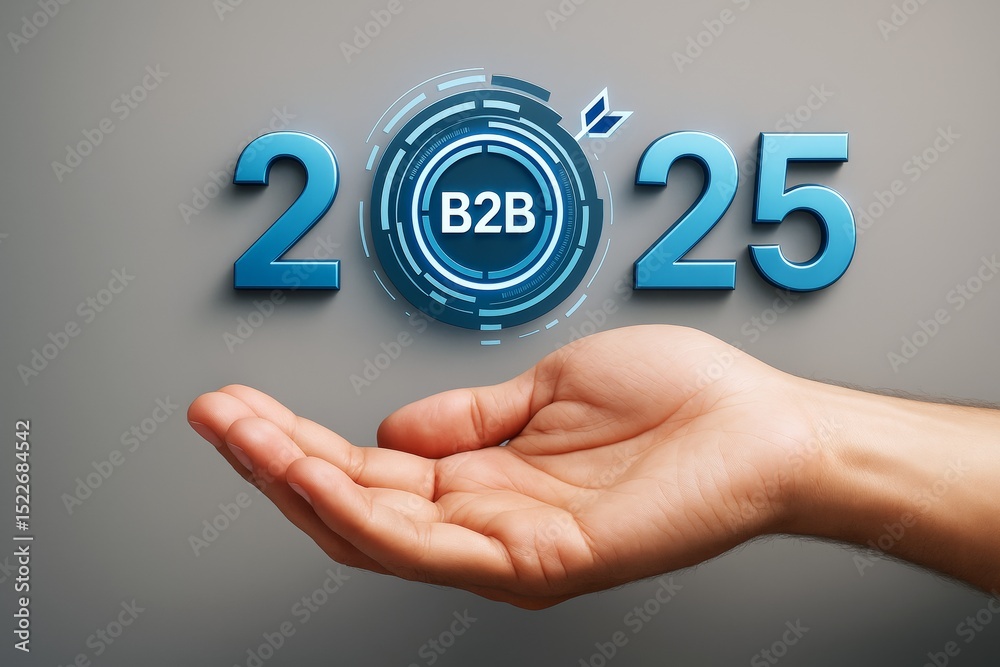 Aufkleber Open palm below futuristic B2B 2025 text with digital interface graphics on gray background, symbolizing modern business innovation concept.