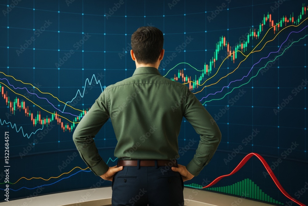 Poster Businessman analyzing financial data on a colorful abstract light background with trading charts and indicators on digital screen wall.