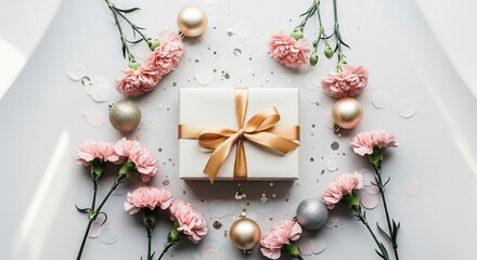 Birthday & Celebration Gift Box Backgrounds Gift Box Flat Lay with Flowers & Decorations on Various Backgrounds