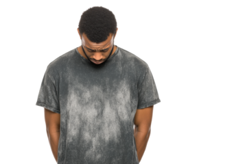 Young african male looking down in thoughtful pose, cut out