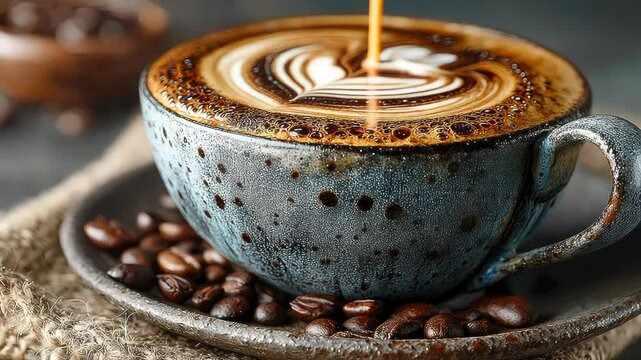 Close-up of a textured ceramic coffee cup with latte art heart and roasted beans