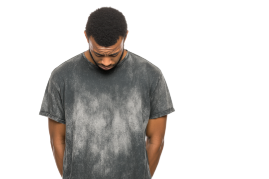 Young african male looking down in thoughtful pose, cut out