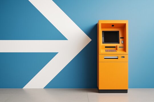 Bright orange ATM machine against blue wall with bold white arrow, symbolizing financial direction and modern banking innovation concept.